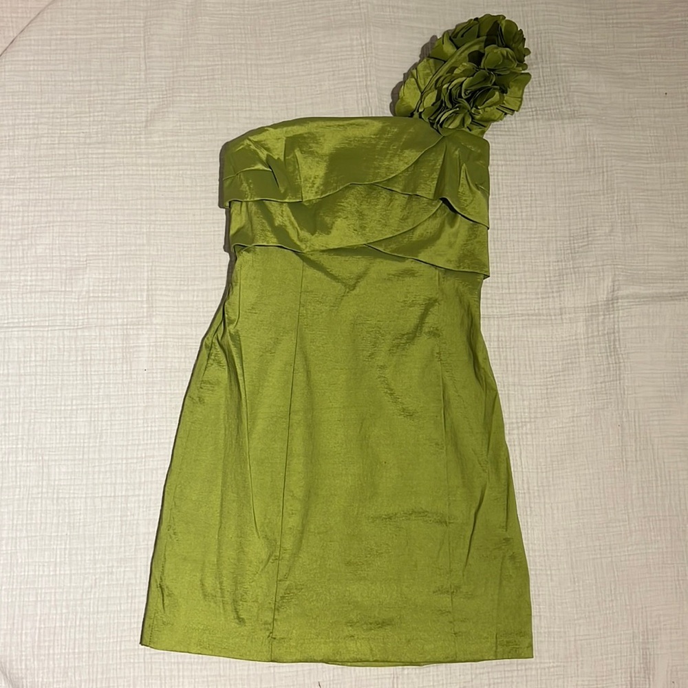 Metallic Green One Shoulder Cocktail Dress